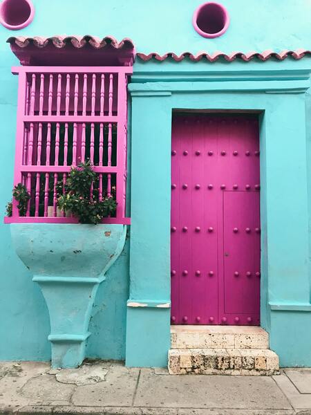 Vibrant colored colonial architecture and narrow streets in Cartagena's historic center
