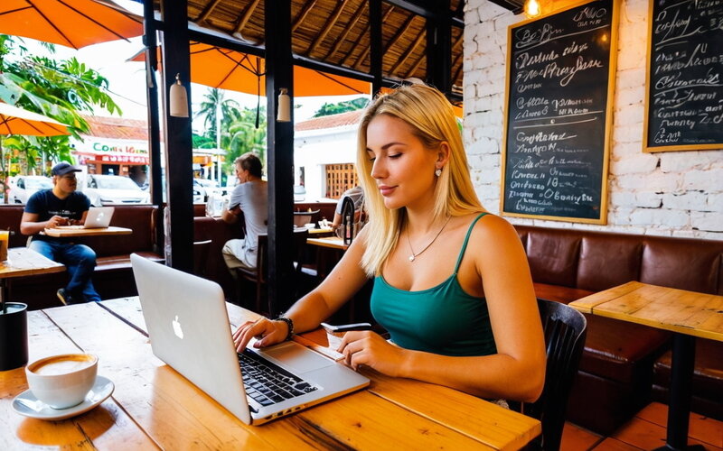 Digital nomad working on laptop in a stylish Colombian coffee shop with local decor