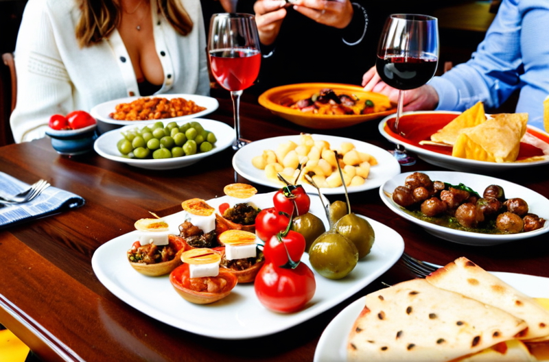 Traditional Spanish tapas spread featuring jamón ibérico, manchego cheese, olives, and wine glasses on a rustic wooden table