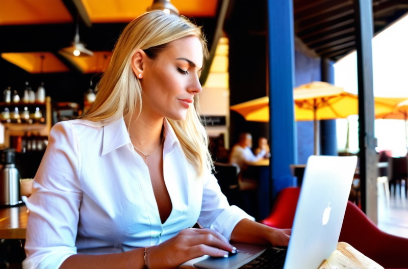 Expat working from a cafe in Spain