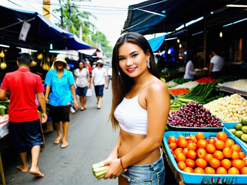Street market in Thailand showing affordable local produce