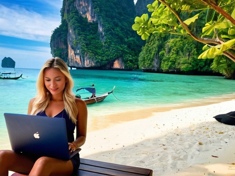 Digital nomad working from a Thai beach with laptop